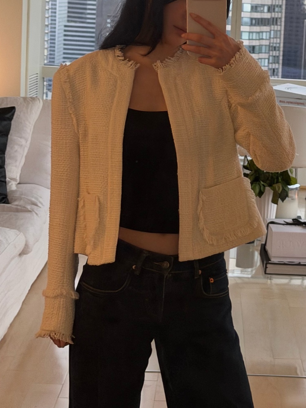 Cinq a sept white boucle tweed Open-Front Cropped Jacket